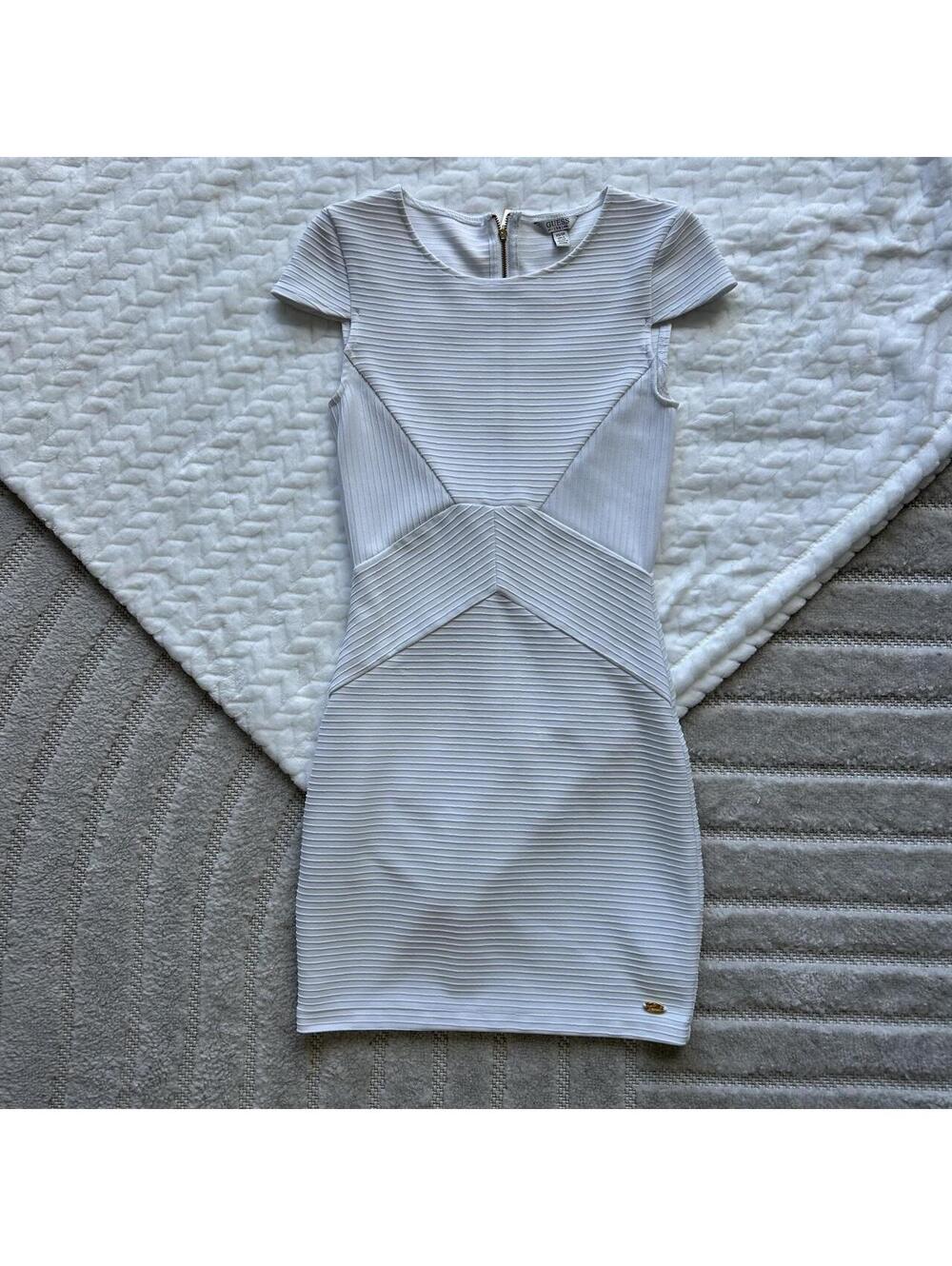 Guess white bodycon dress with thin gray vertical stripes and zipper back